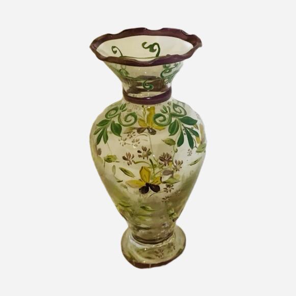 Tracy Porter Hand-Painted Bud Vase Purple Yellow Flowers Ruffled Edge 6.5” Glass - Picture 4 of 8